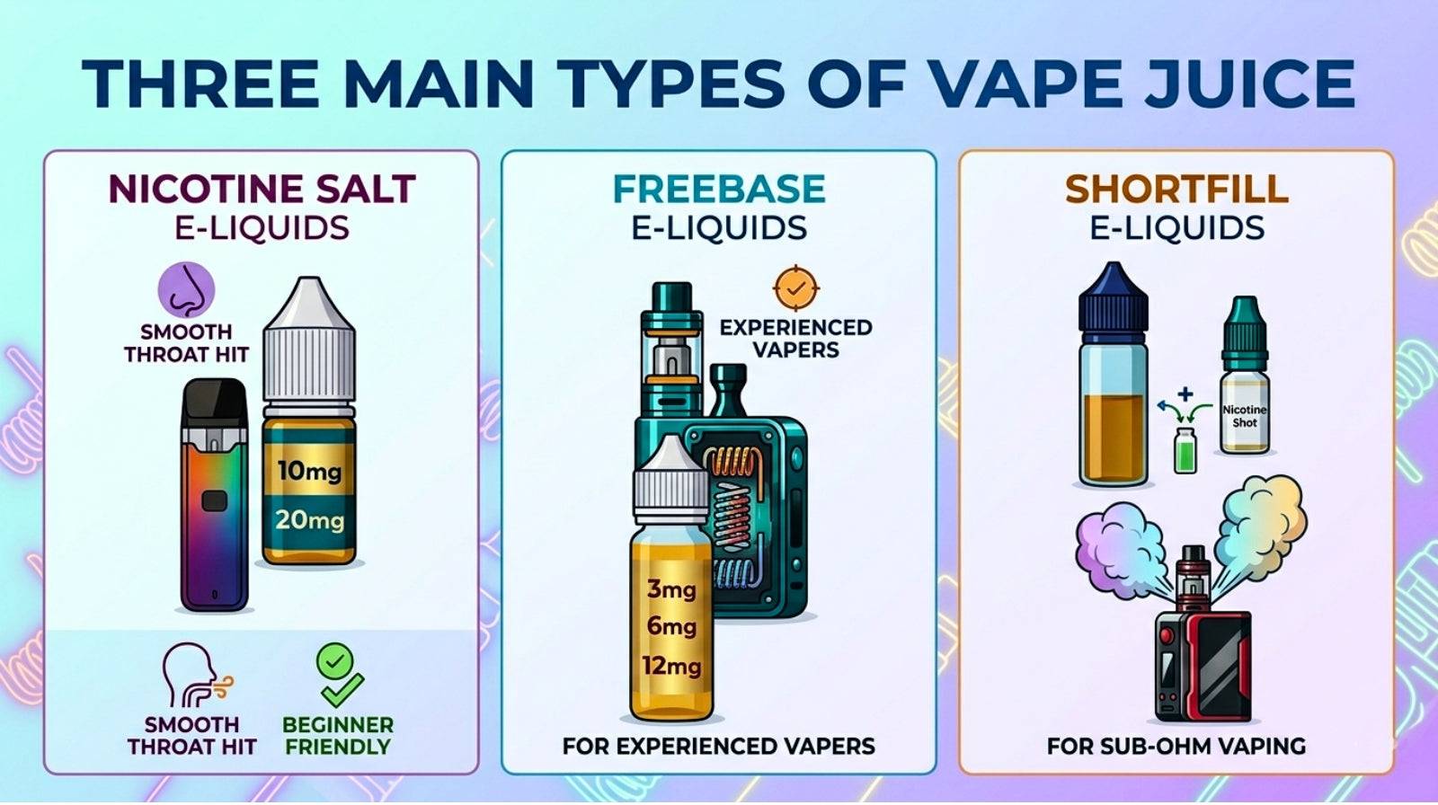 Three main types of vape juice: Nicotine Salt, Freebase, and Shortfill, featured in Best e-liquids 2026 guide.