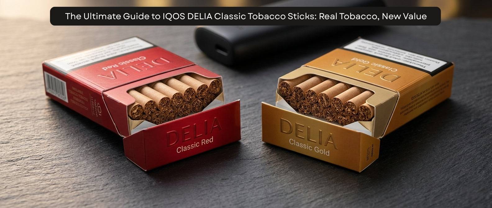 Two open boxes of IQOS DELIA tobacco sticks, Classic Red and Classic Gold, displayed on a dark surface.