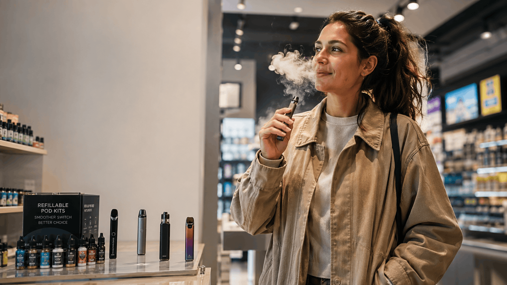 Woman vaping in a store showcasing various Best Pod Vape Kits and e-liquids on display.