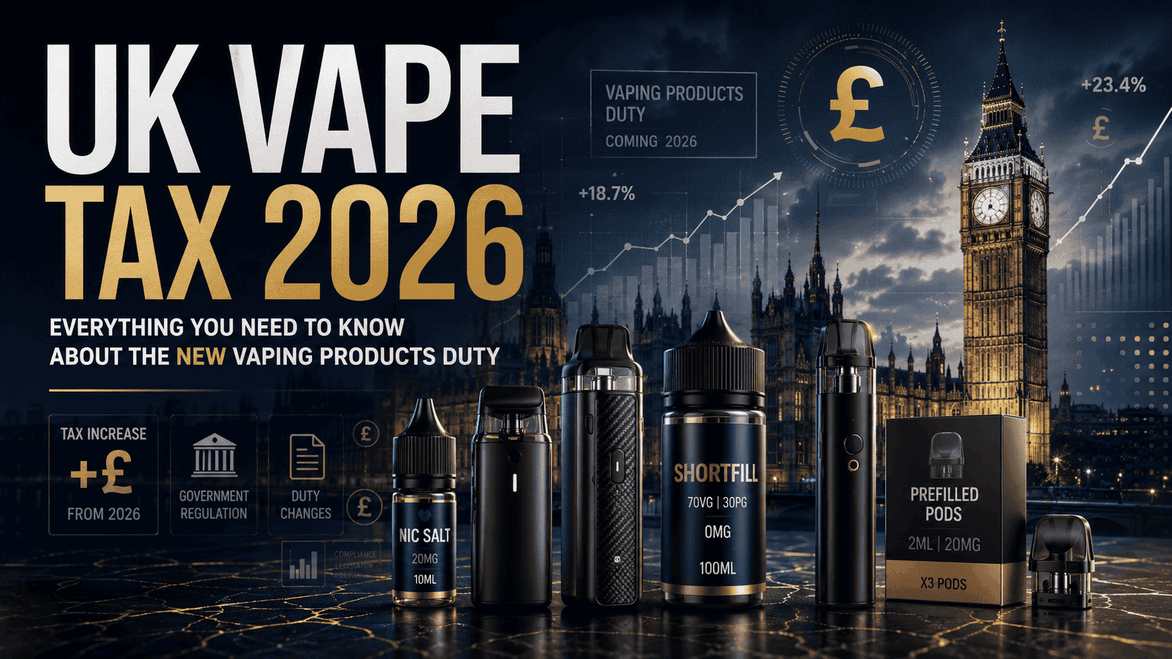 UK Vape Tax 2026 graphic with Big Ben, vape products, and financial charts.