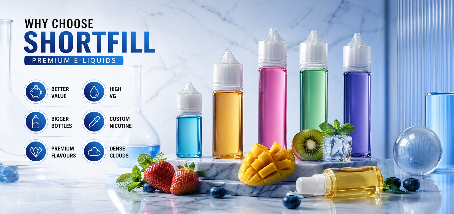 Shortfill e-liquids with fruit flavors, benefits listed: Better Value, High VG, Bigger Bottles.
